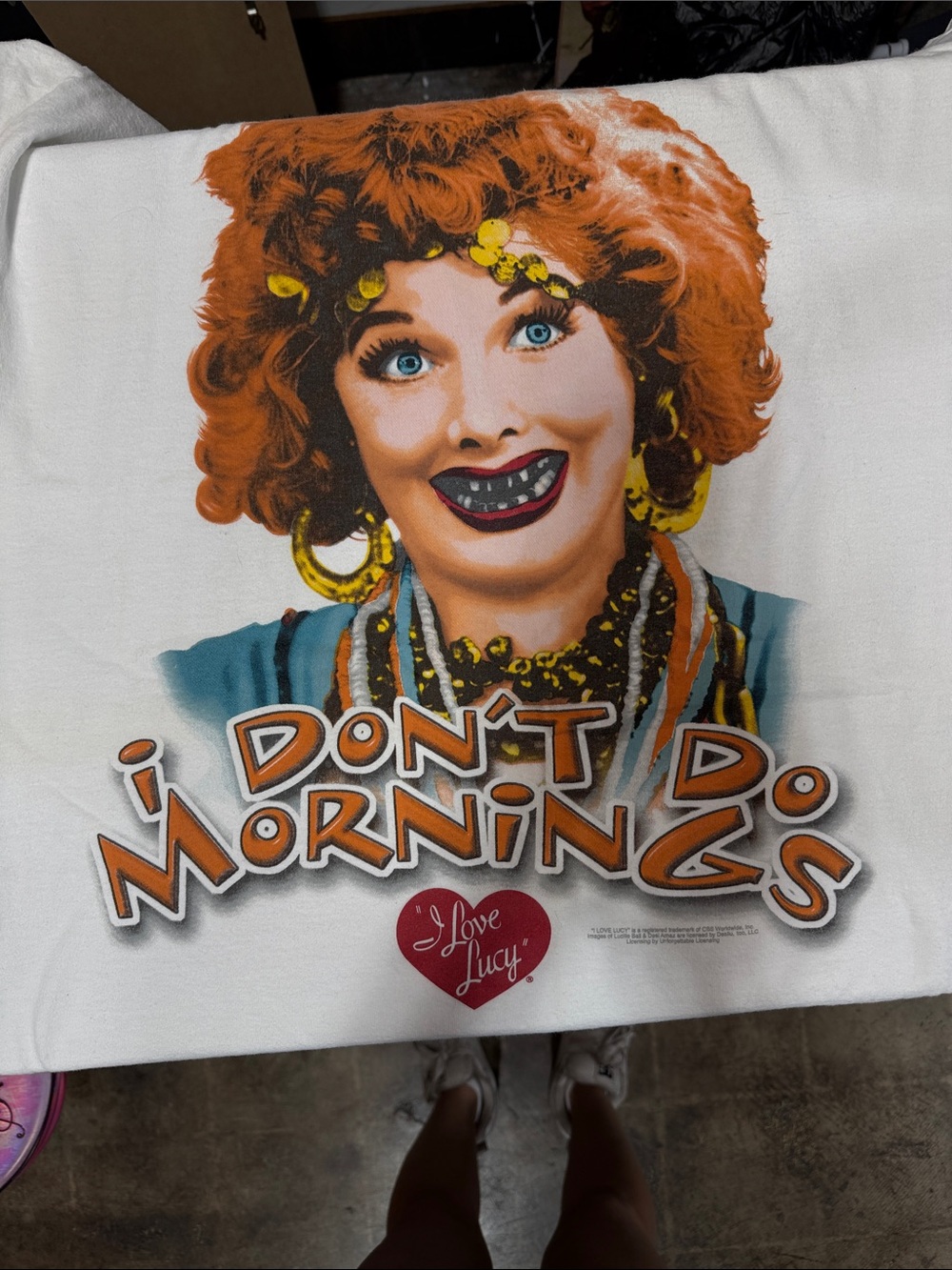 I Love Lucy 'I Don't Do Mornings' White Graphic Sleep Tee